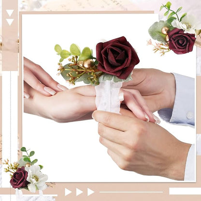 12 Pcs Wedding Wrist Corsage and Boutonniere Set Rose Wrist Corsage for Prom Boutonniere for Men Wedding Flowers Accessories Prom Suit Decorations for Wedding Ceremony Anniversary (Red)