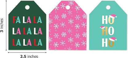 Pro Supply Global 24 Count of 2.5 Inch x 3 Inch Pre Strung Christmas FA La La Gift Tag Assorted Printed Designs on Large Cardstock Gift Hang Tags - Ideal to Use on Bags