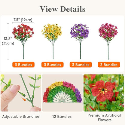 Lifewit Artificial Flowers for Outdoor Indoor, 12 Bundles Plastic Fake Flowers Daisy with Eucalyptus Leaves for Home Garden Decor, Porch, Window Box(Mix for Fuchsia Purple Yellow Red)