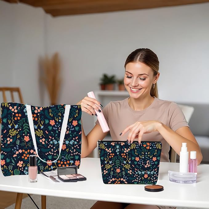 Aesthetic Floral Tote Bag Makeup Bag Flower Decor Gifts for Girls Christmas Shopping Grocery Bags Cosmetic Bags