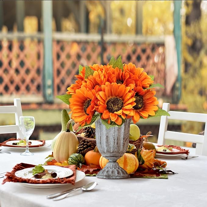 20 PCS Fake Silk Sunflowers Artificial Flower with Stems for Home Wedding Party Centerpieces Decoration Bridal Bouquets Tables Floral Arrangements Wreath DIY Art Crafts Decor (Orange)