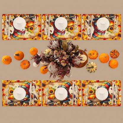 Autumn Gnome Pumpkin Flower Placemats Set of 6 PVC Vinyl Non Slip Table Mats Heat Resistant Place Mats Washable Wipeable Dining Table Mat for Kitchen Decor Party Indoor Outdoor Decorative Gift