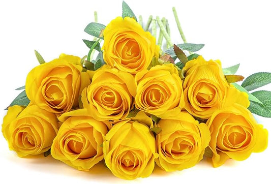 Flojery 10pcs Artificial Rose Flowers Long Stem Fake Silk Roses for DIY Wedding Bouquet Table Centerpiece Home Decor (Yellow)