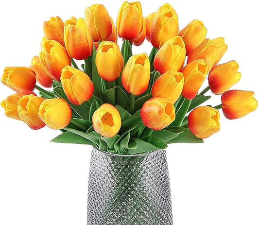 30 Pcs Fake Latex Tulips Artificial Flowers Faux Tulip Stems Real Touch Tulips for Wedding Party Home Decoration (Sunset)