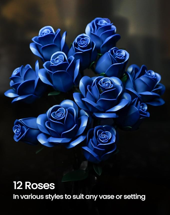 iATOM Blue Rose Bouquet Building Set, Gift for Christmas, Artificial Flowers Botanical Collection for Adults - Gothic Home Office Table Centerpiece Retro Decor - IA11007