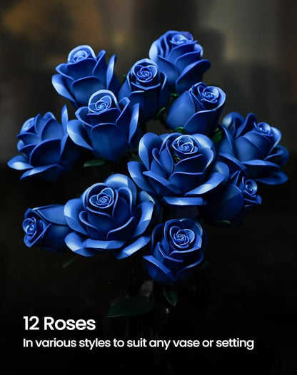 iATOM Blue Rose Bouquet Building Set, Gift for Christmas, Artificial Flowers Botanical Collection for Adults - Gothic Home Office Table Centerpiece Retro Decor - IA11007