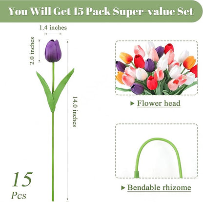 SITUMEIZI Fake Flowers Tulips Artificial Silk Flower 15pcs Real Touch 14" for Spring Easter Home Kitchen Wedding Bouquet Bulk Mother's Gift Day Decorations(Multicolor,6)