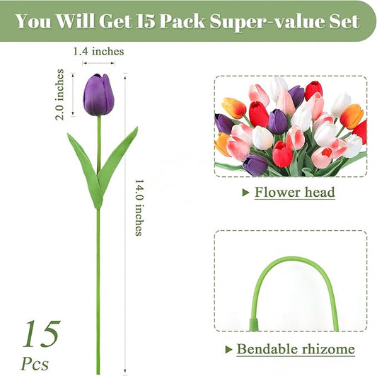 SITUMEIZI Fake Flowers Tulips Artificial Silk Flower 15pcs Real Touch 14" for Spring Easter Home Kitchen Wedding Bouquet Bulk Mother's Gift Day Decorations(Multicolor,6)
