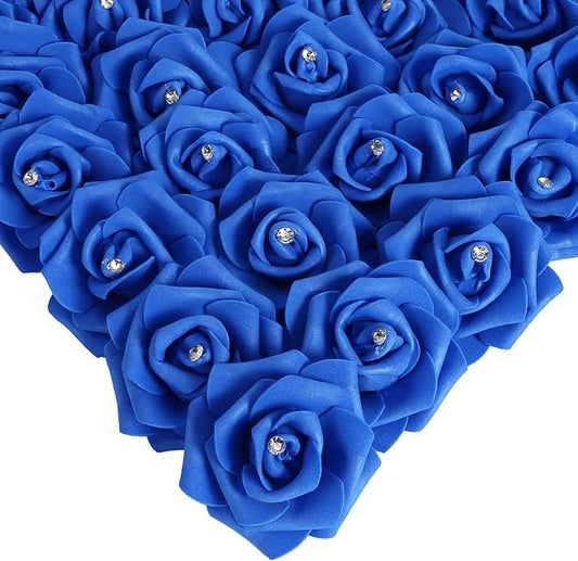 IPOPU 100pcs Royal Blue Artificial Rose Heads with Crystal 3in Real Looking Foam Fake Roses for DIY Craft Wedding Bouquets Wall Decoration Bridal Shower Arrangement Home Decorations(Royal Blue)