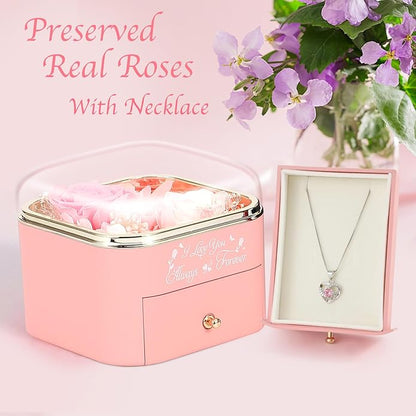 Preserved Roses Jewelry Box with Heart Necklace - Eternal Rose & ‘I Love You Always & Forever’ Engraving - Luxury Gift for Mom, Wife, or Grandma on Mother’s Day