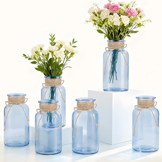 Vintage Glass Flower Vase，6 Pack Blue Farmhouse Glass Centerpiece Vases Mason Jars for Weddings, Parties & Home Decor Bulk (6, Blue)