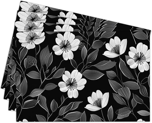 Cotton Linen Waterproof Placemats Set of 4, Floral Black Dining Mat Table Mats Decor Fabric for Kitchen Dinner Coffee Shop Table, Indoor/Outdoor Washable Wipeable Placemat -N036