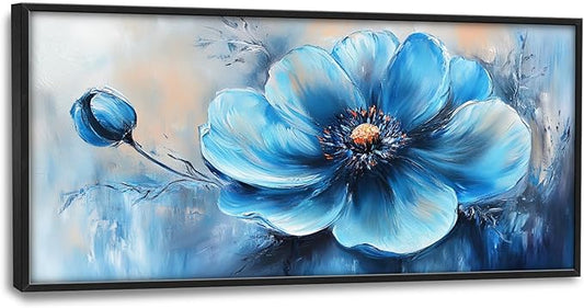 Extra Large Abstract Blue Flower Framed Wall Art for Living Room,Oversized Elegant Floral Pictures Wall Decor,Canvas Print Painting Modern Artwork Bedroom Office Bathroom 60L x 30W