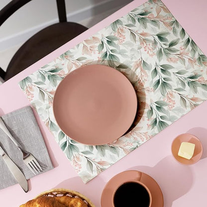 Linen Fabric Watercolor Botanical Placemats Set of 4 - Non-Slip Table Mats for Dining, Elegant Pink Berries & Green Leaves Design, Heat-Resistant Kitchen Decor, Farmhouse & Modern Home Décor