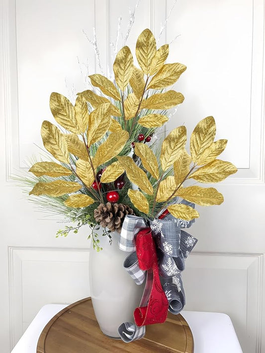 3 Pack Gold Glittered Artificial Leaf Spray Picks 31" Tall Magnolia Leaves Long Stems for Christmas Picks Winter Wedding Christmas Tree Garland Wreath DIY Bouquet Centerpiece Vase