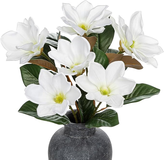 Briful Artificial Magnolia Flower Stems – 3PCS 29.5" Tall Faux White Magnolia Branches with Silk Flowers Realistic Floral Arrangements for Home Wedding Bouquets Vase Farmhouse Decor