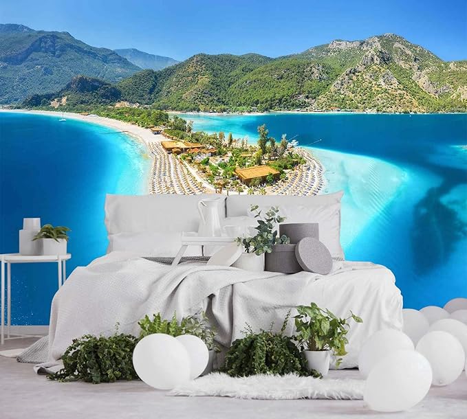Beach Wallpaper Tropical Landscape Island Mountain Wall Mural for Bedroom Living Room(Not Self-Adhesive)