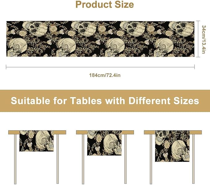 Gothic Table Runner,Vintage Floral Skull Print Table Runner for Home Kitchen Table Dining Garden Farmhouse Wedding Party Decor 13x60 Inch