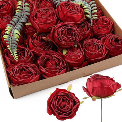 IPOPU Red Roses Artificial Flowers 25pcs Dark Red Silk Bulk Flower Heads Vingtage Dried Fake Flowers Artificial for Decoration Bridal Bouquets for Wedding Centerpiece Flower Wall Decor (Dark Red)