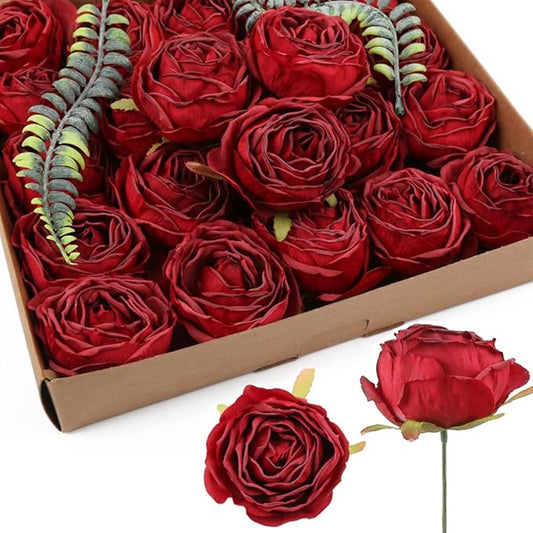 IPOPU Red Roses Artificial Flowers 25pcs Dark Red Silk Bulk Flower Heads Vingtage Dried Fake Flowers Artificial for Decoration Bridal Bouquets for Wedding Centerpiece Flower Wall Decor (Dark Red)