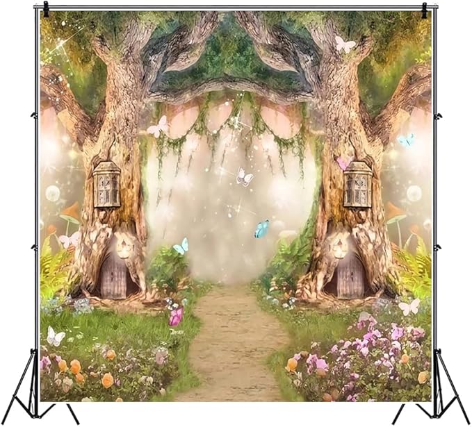 Leowefowa 10x10ft Vinyl Birthday Backdrops Fairy Tale Forest Enchanted Flower Baby Shower Photo Backgrounds for Birthday Party Photoshoot Newborn Baby Kids Children Studio Props Photography Banner