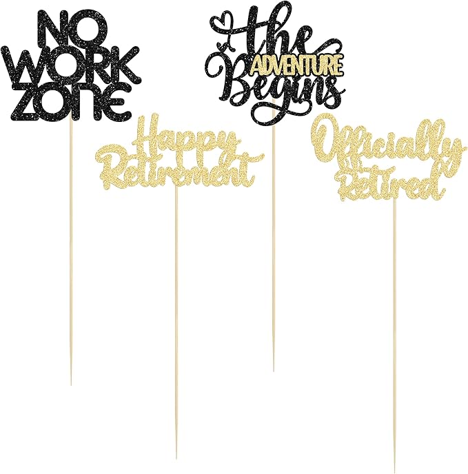 Ephlyn 16Pcs Happy Retirement Centerpiece Sticks Officially Retired Table Flower Centerpieces Sticks No Work Zone Floral Decorations for Farewell Birthday Party Centerpieces Supplies Black Gold