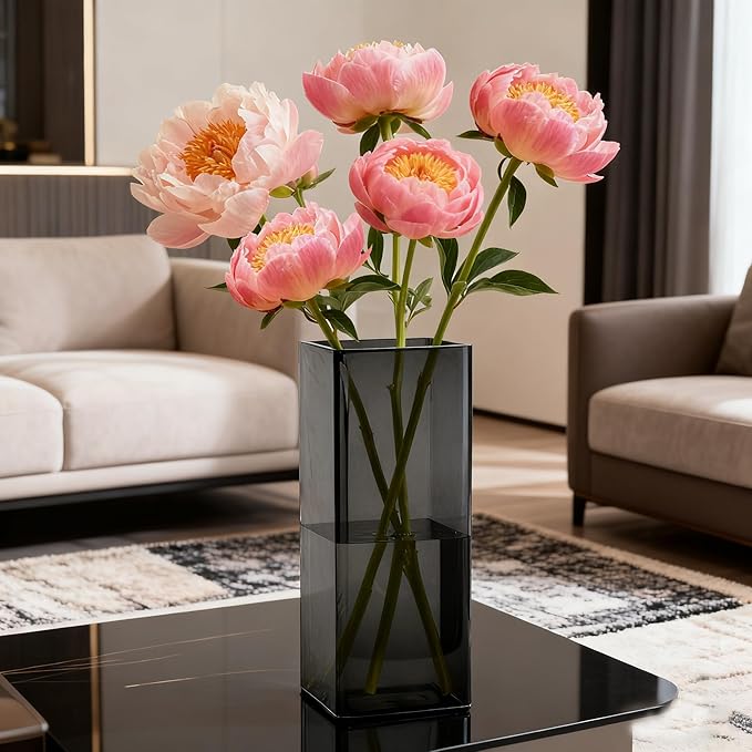 Acrylic Square Flower Vase, Non-breakable Vase, 5" x 5" x 12" Tall Grey Vases for Flower, Large Cube Floral Plant Container, Planter Terrarium for Wedding Party Event, Home Office Decor