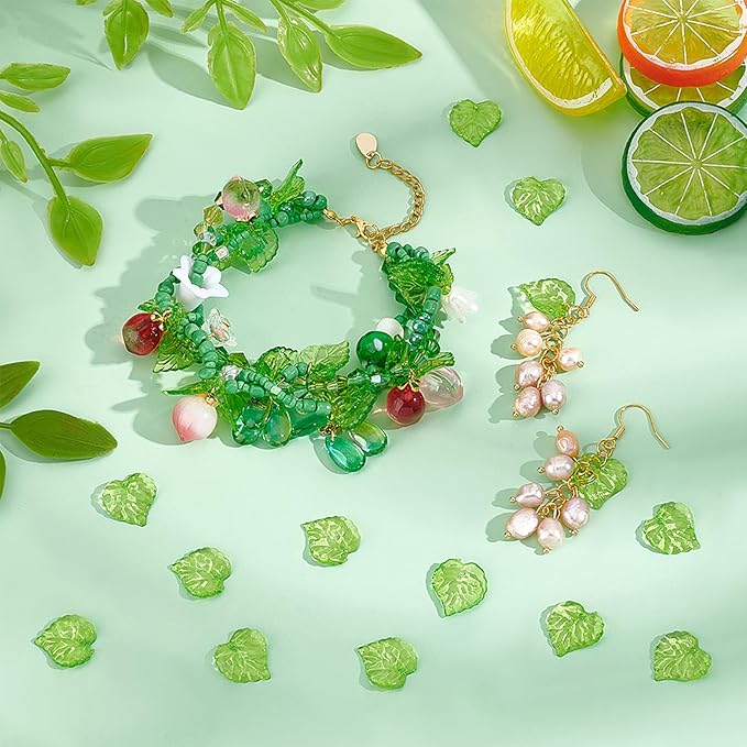 PH PandaHall 100pcs Green Flower Beads, Transparent Leaf Bead Charms, 15x15x2mm Frosted Leaves Pendants with 1.5mm Hole for DIY Earrings Pendants Bracelets Jewelry Making Spring Crafts Decor
