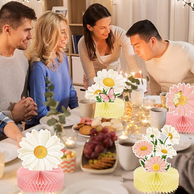 Hotop 9 Pcs Daisy Flower Birthday Party Decorations Pink Wildflower Butterfly Honeycomb 3D Centerpieces for Floral Table Toppers Boho Groovy Party Decorations Girl Baby Shower