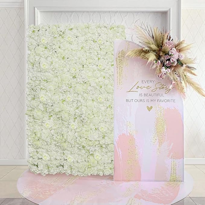 White Artificial Flower Wall Backdrop Panels 5ftx3.74ft White Fake Rose Wedding Backdrop 3D Floral Wall for Party Baby Shower Bridal Wedding Background Decor