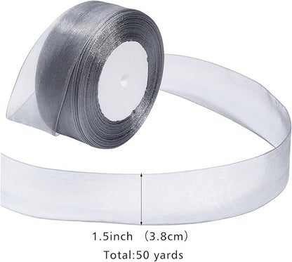 Grey Ribbon for Gift Wrapping 1-1/2 inch Sheer Organza Ribbon for Flower Bouquet Tulle Chiffon Ribbons for Wedding Invitations Christmas Decorations Crafts 50 Yards