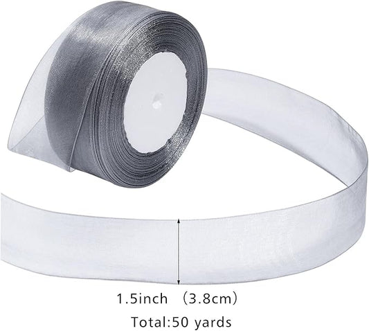 Grey Ribbon for Gift Wrapping 1-1/2 inch Sheer Organza Ribbon for Flower Bouquet Tulle Chiffon Ribbons for Wedding Invitations Christmas Decorations Crafts 50 Yards