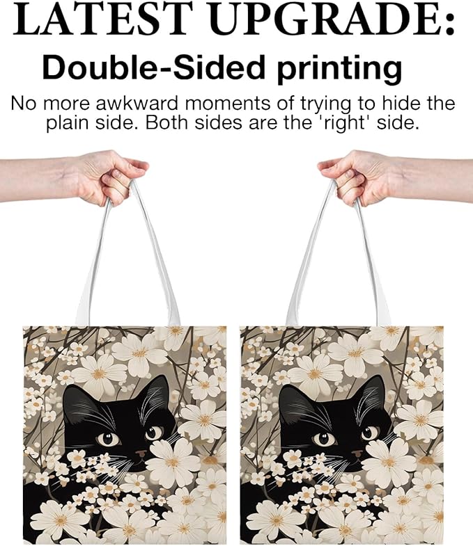 Floral Cat Print Canvas Tote Bag for Women Cat Lovers Kitten in White Flowers Reusable Grocery Shoulder Bag for Shopping Work Beach Travel Aesthetic Totes Gifts