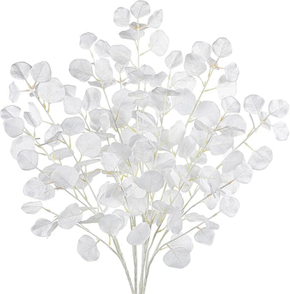 DILATATA Faux White Eucalyptus Stems – 32” Artificial Willow Leaves, 5 Pcs Long White Eucalyptus Branches for DIY Bouquets, Centerpieces, Shower & Wedding Decorations