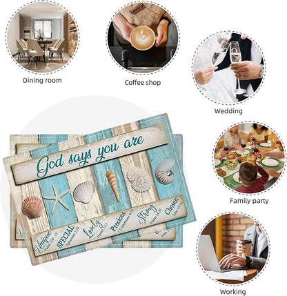 Coastal Seashell Placemats Set of 6 Ocean Nautical Table Mats Washable Place Mats for Home Party Indoor Kitchen Dining Table Decoration 12x18 Inch