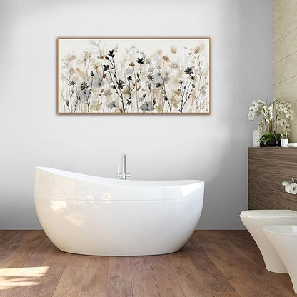 Framed Floral Wall Art Abstract Grey Cream White Grass Flowers Canvas Pictures Modern Landscape Painting Botanical Artwork for Living Room Bedroom Kitchen Office Wall Decor Ready to Hang 20" x 40"