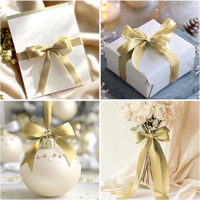 Gold Ribbon 1-1/2 inch Champagne Gold Satin Fabric Ribbon 50 Yards for Crafts Wrapping Flower Bouquet Wedding Party Decoration