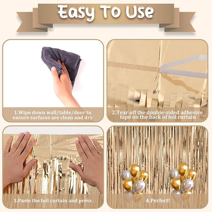 2 Pack Champagne Foil Fringe Backdrop Curtains, Tinsel Streamers Birthday Party Decorations, Fringe Backdrop for Graduation, Baby Shower, Gender Reveal, Disco Party