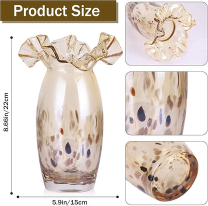Hand Blown Amber Glass vase, Unique Glass Wide Mouth vase for Console Office TV Stand Coffee Table entryway Entrance Desktop Living Room Dining Table Centerpiece.
