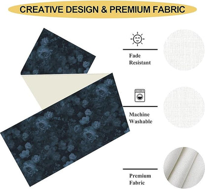 Gothic Floral Table Runner, Retro Dark Blue Flower Garden Witchy Rose Print Coffee Table Center Decor for Home Kitchen Dining Patio Holiday Party Indoor Outdoor Table Decorations 13x72 inches