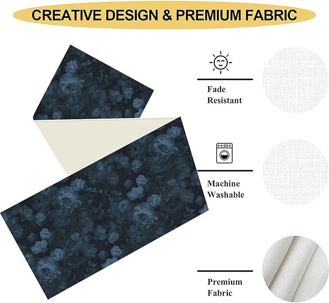 Gothic Floral Table Runner, Retro Dark Blue Flower Garden Witchy Rose Print Coffee Table Center Decor for Home Kitchen Dining Patio Holiday Party Indoor Outdoor Table Decorations 13x108 inches