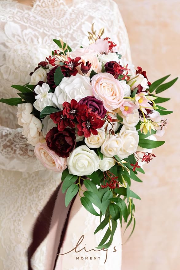 Ling's moment Burgundy Bridal Bouquet for Bride, 13 Inch Romantic Marsala Wedding Bouquets for Bride, Silk Round Artificial Wedding Flowers Bouquets