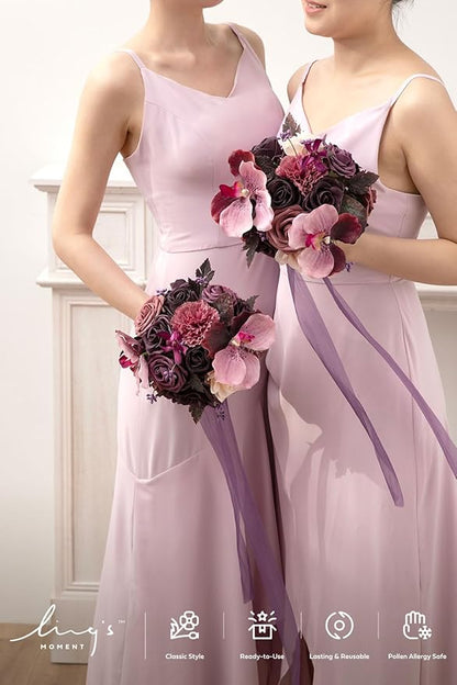 Ling's moment Purple Bridesmaid Bouquet Set of 4, Deep Plum Wedding Bouquets for Bridesmaids, 7 Inch Bridal Bouquets for Bridesmaids, Wedding, Ceremony, Anniversary, etc.