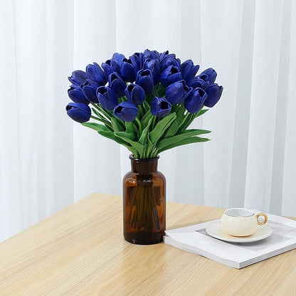 SITUMEIZI 15pcs Tulips Fake Blue Artificial Flowers Real Touch 14" Silk Flower for Home Decor Spring Easter Wedding Bouquet Decorations Floral Arrangements(Deep Blue)