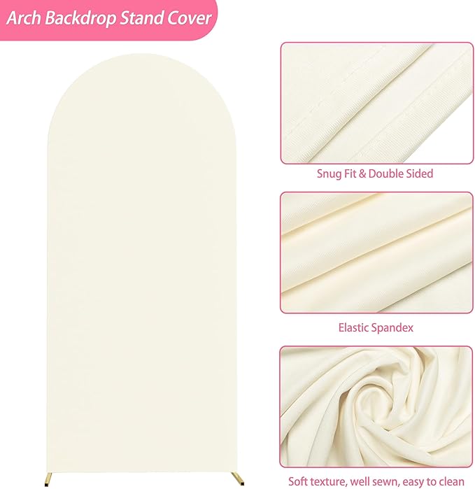 Putros 6ft Metal Arch Stand with Cover Ivory Spandex Fitted Wedding Arch Cover and Round Top Chiara Backdrop Stand Set for Birthday Party Baby Shower Decoration