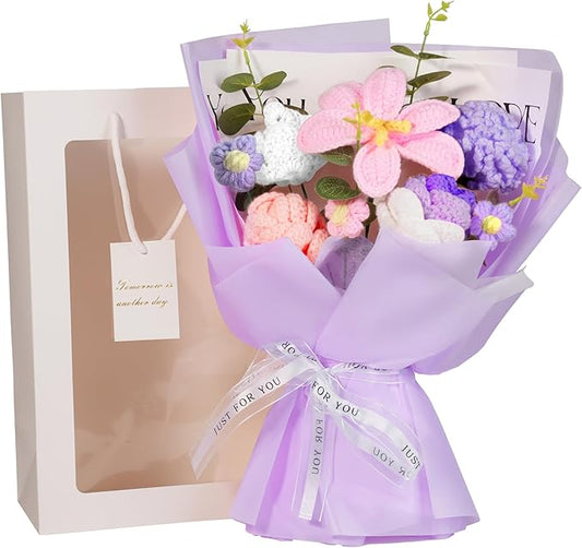 Crochet Flowers Bouquet 8PCS, Handmade Knitted Artificial Crochet Flower Gifts Tulips Roses Daisies Carnations, Preserved Flowers for Mother's Day Valentine's Day Birthday Home Decor- Purple (Purple)