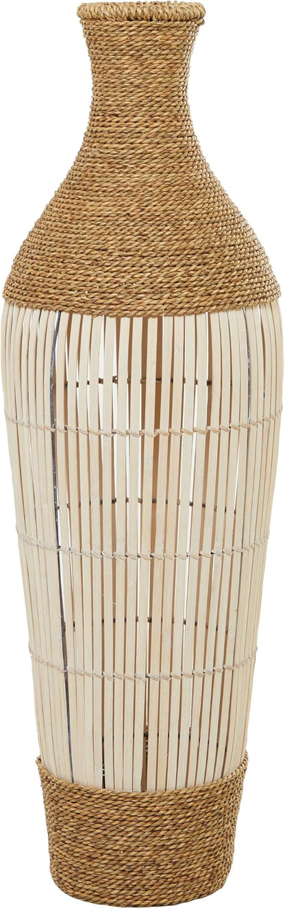 Deco 79 Seagrass Handmade Decorative Vase Wrapped Tall Floor Centerpiece Vase with Cream Slatted Bamboo Center, Vase for Home Decoration 13" x 13" x 40", Brown