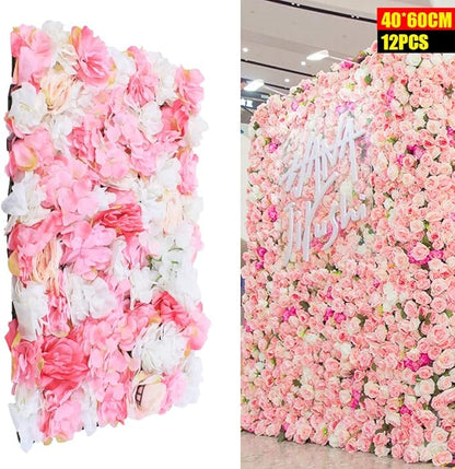 16"x 24" Artificial Flower Wall Panels,Flower Wall Mat Silk Flower Panels for Outdoor Garden Backyard Fence Fence Privacy Screen and Indoor Wall Decor(12Pcs Pink+White+Rose Red)