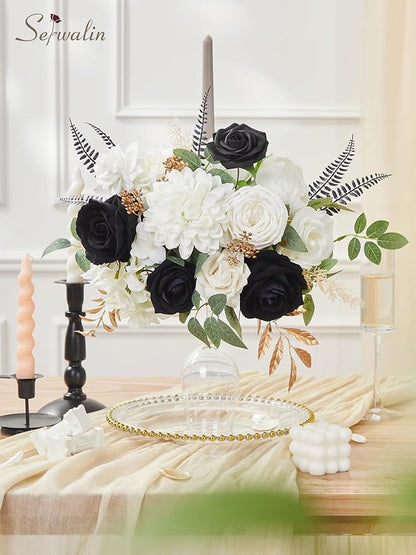 Serwalin Black Artificial Flowers, White Roses Silk Fake Flowers for DIY Wedding Bridal Bouquets, Wedding Cake Flowers for Table Centerpieces Baby Shower Birthday Party Home Decorations