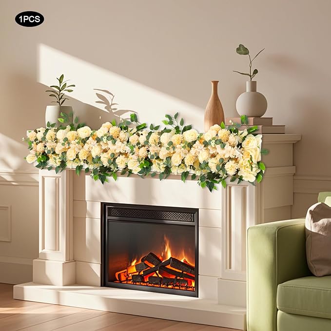TFCFL Artificial Flowers Row, 39.5" X 12" Wedding Arch Faux Floral Swags, 3D Flower Panels Arrangement, DIY Wall Backdrop for Wedding Party Table Runner Decoration (Champagne)